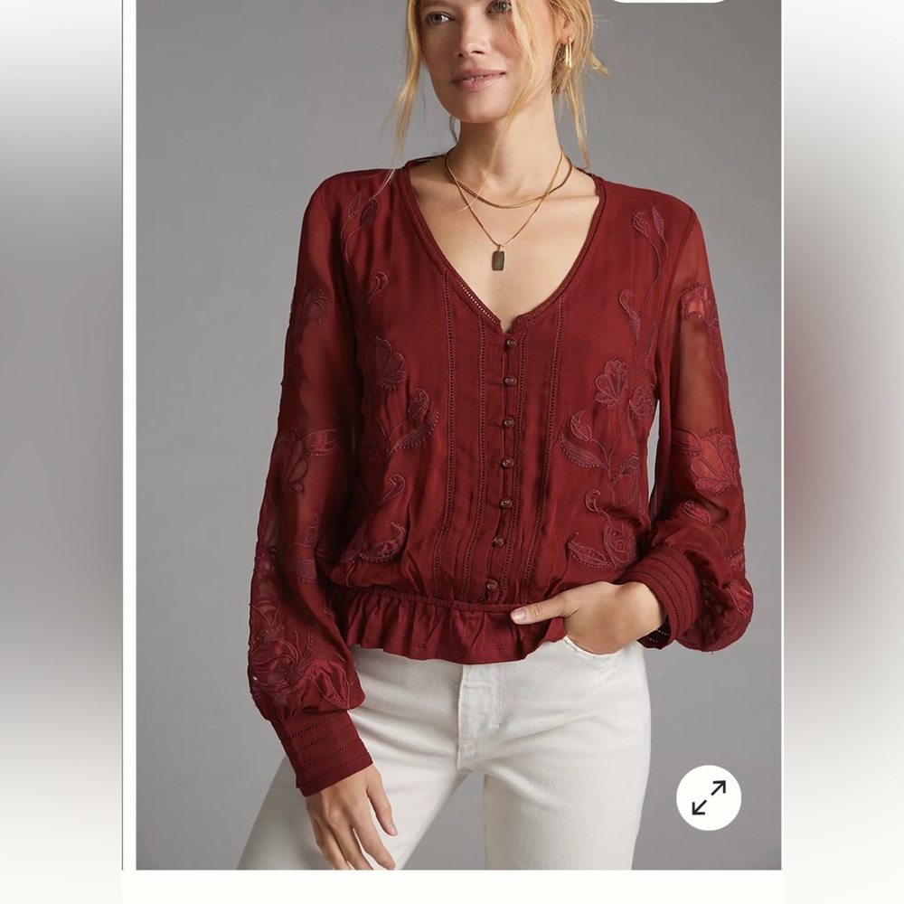Anthropologie Deep Burgundy Embroidered Sheer Blouse